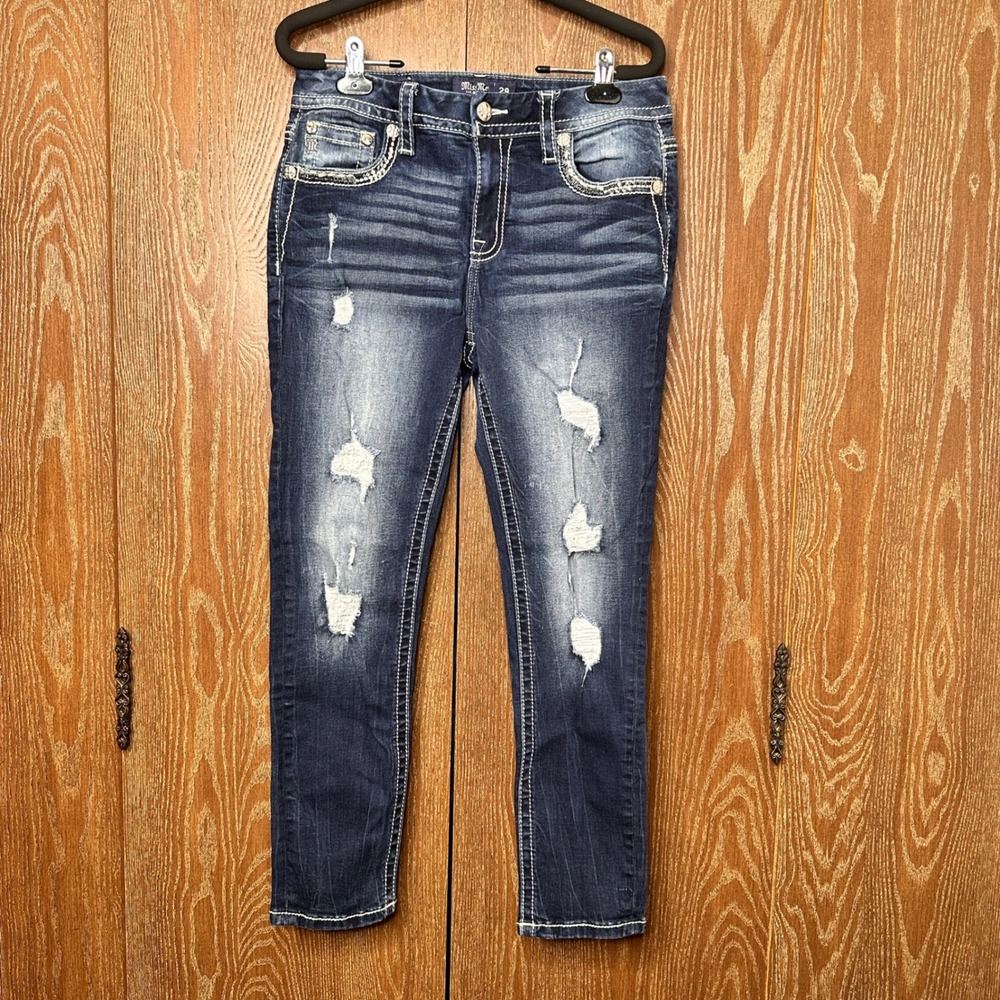 Y2K Miss Me Distressed Skinny Jeans Dark Wash Embellished Pockets Sz 29 Vtg 2000